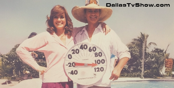 Linda Gray and Larry Hagman filming in extreme heat beside a thermometer
